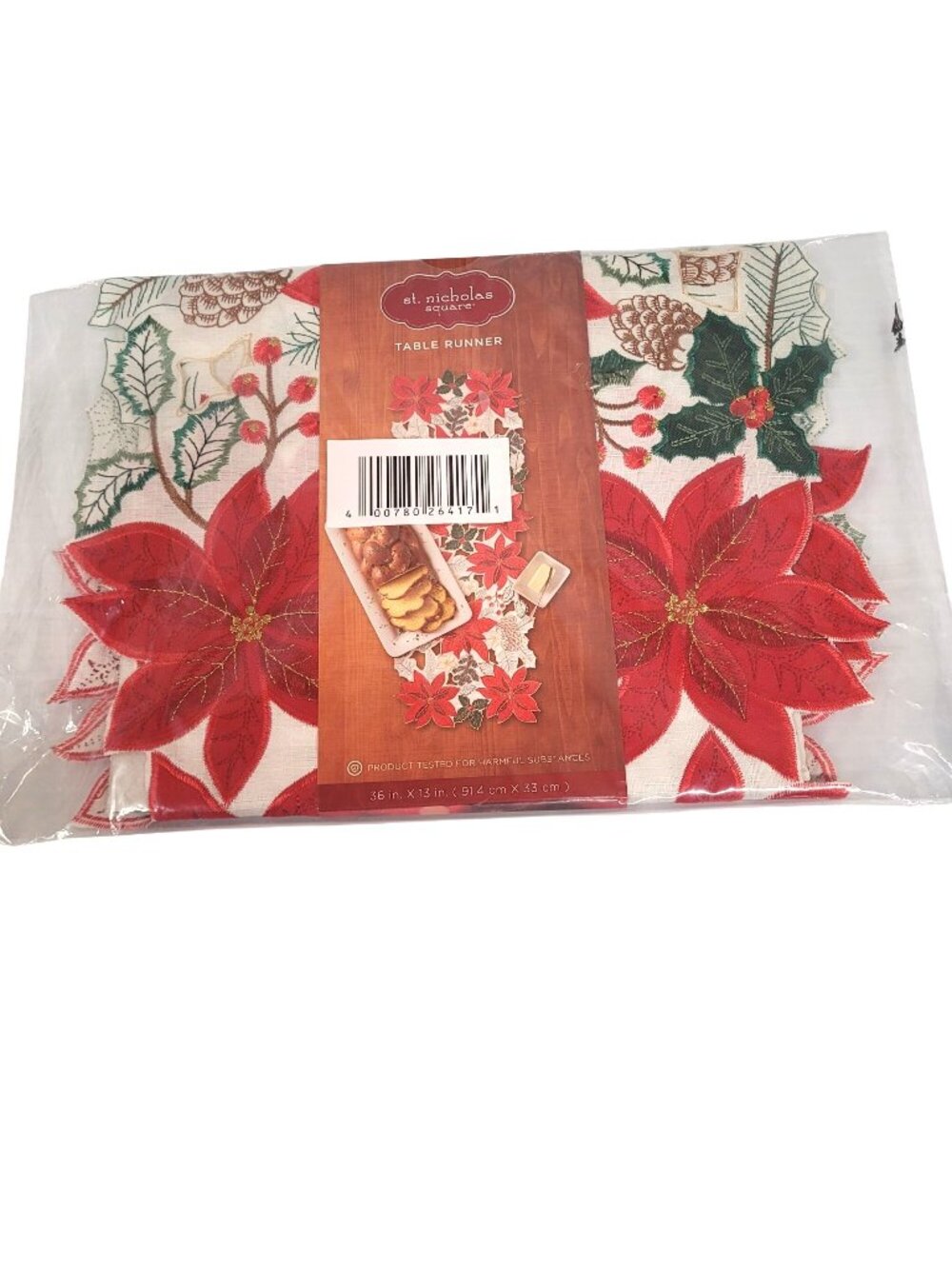 Table Runner 36" x 13" St Nicholas Square Poinsettia & Pinecone Red White New